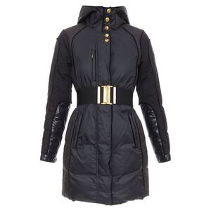 GUCCI 2009 black gold GG logo buckle belt long puffer coat IT38 XS